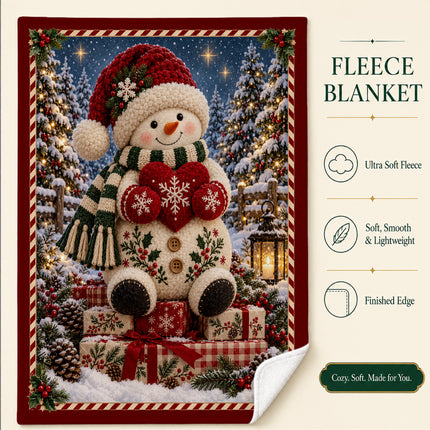 Christmas Fleece Blanket with Cozy Snowman Heart
