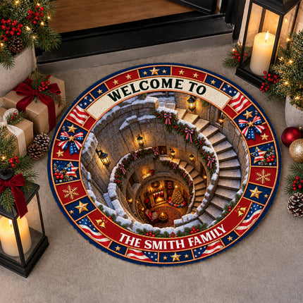 Personalized Christmas Doormat Patriotic Welcome Holiday Round Rug