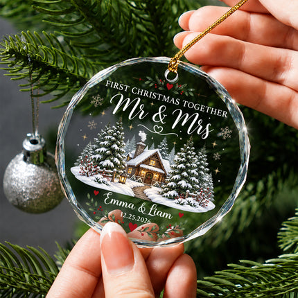 Personalized First Christmas Together Snowy Cabin Couple Glass Ornament