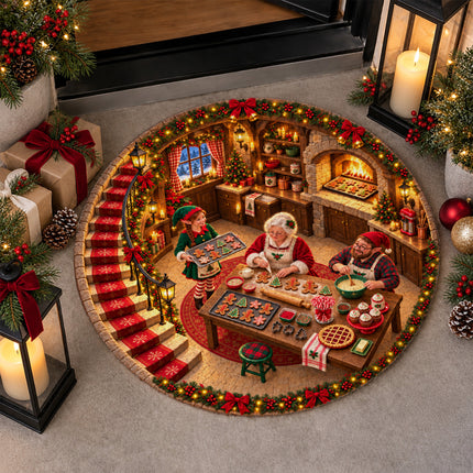 Christmas Cookie Baking Round Rug Cozy Kitchen Holiday Doormat