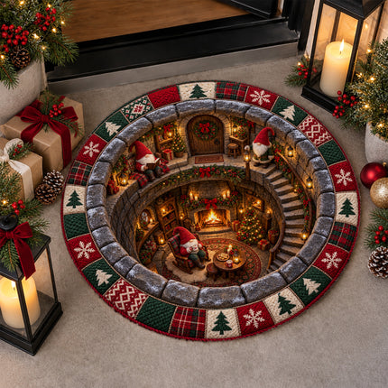 Christmas Round Doormat with Cozy Gnome Fireplace