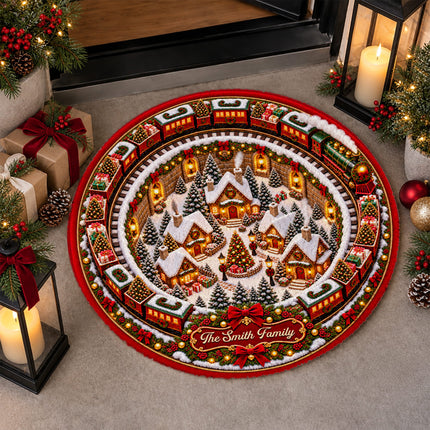 Personalized Christmas Doormat Train Village Family Name Round Rug