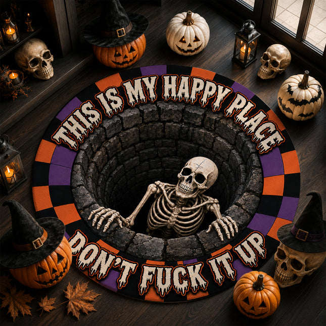 Halloween Round Rug Skeleton Happy Place Funny Doormat