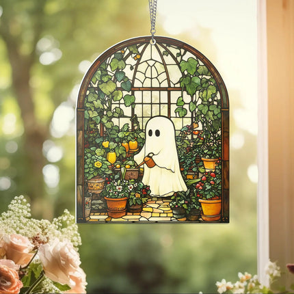 Cute Ghost Greenhouse Suncatcher Ornament, Halloween Ghost Acrylic Window Hangings, Plant Lovers Gift, Halloween Home Decor, Gift For Mom - Charming Present