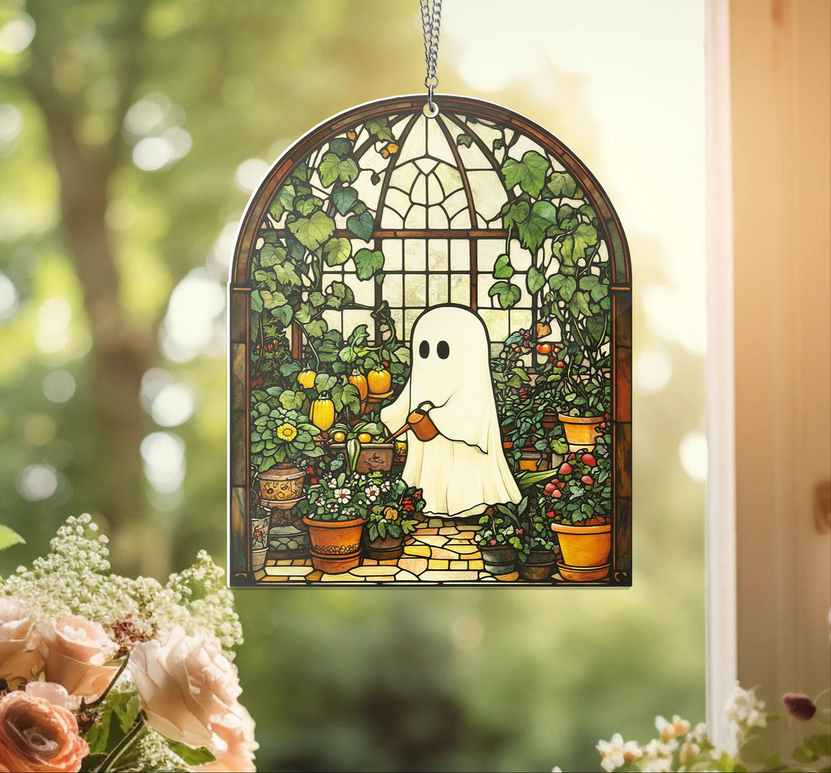 Cute Ghost Greenhouse Suncatcher Ornament, Halloween Ghost Acrylic Window Hangings, Plant Lovers Gift, Halloween Home Decor, Gift For Mom