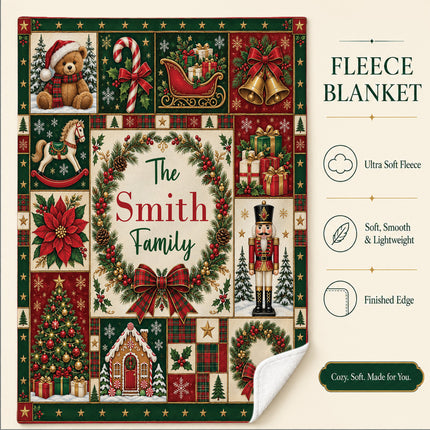 Personalized Family Christmas Fleece Blanket Custom Last Name Holiday Patchwork