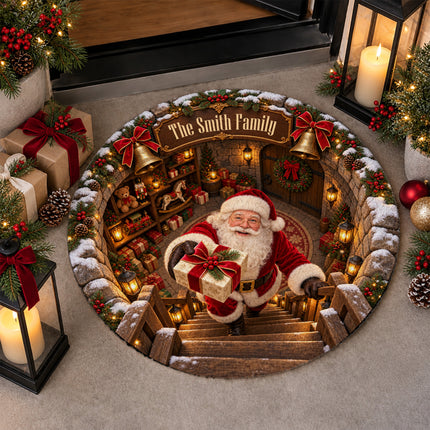 Personalized Santa Gift Delivery Christmas Round Doormat Cozy Family Name Rug