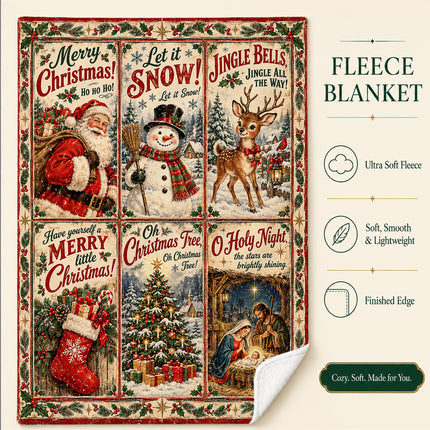 Christmas Nativity Fleece Blanket Vintage Santa Snowman Holiday Scenes