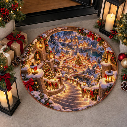 Christmas Village Round Rug Snowy Stairway Holiday Doormat