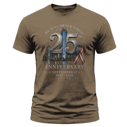 25th Anniversary Patriot Day Tribute Lights Memorial Ribbon T Shirt