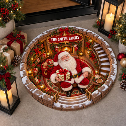 Personalized Santa Christmas Round Doormat Cozy Fireplace Family Name Rug