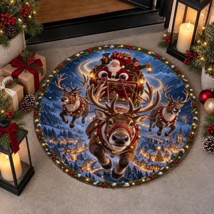 Santa Reindeer Christmas Round Rug Flying Sleigh Holiday Doormat