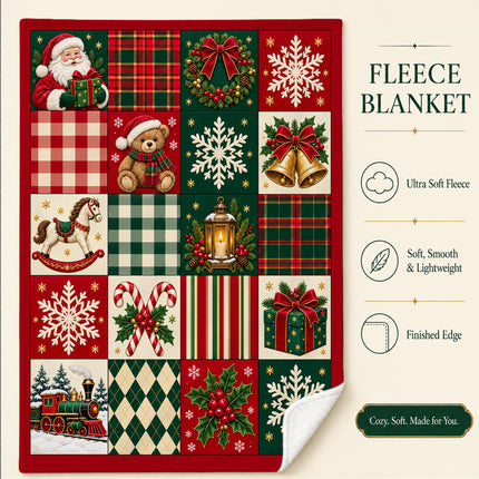 Christmas Patchwork Fleece Blanket Vintage Santa Teddy Bear Plaid Holiday Throw