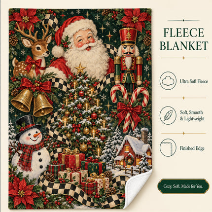 Vintage Santa Christmas Fleece Blanket Nutcracker Reindeer Snowman