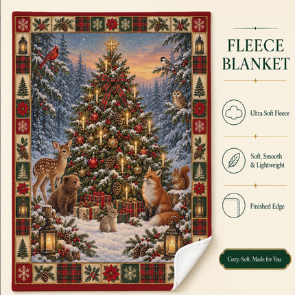 Woodland Animals Christmas Fleece Blanket Candlelit Winter Forest