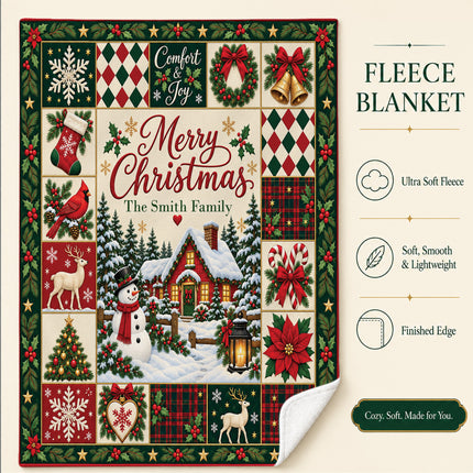 Personalized Family Christmas Fleece Blanket Snowman Winter Cottage