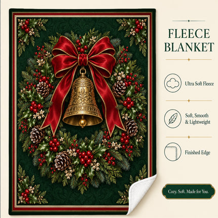 Christmas Fleece Blanket with Vintage Bell Wreath