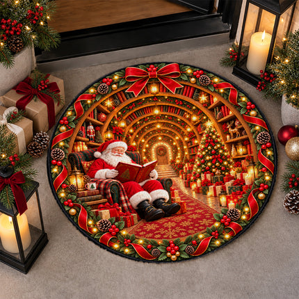 Personalized Christmas Doormat Santa Reading Family Name Round Rug