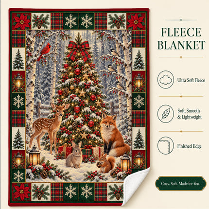 Woodland Christmas Fleece Blanket Forest Animals Deer Fox Rabbit Snowy Tree Holiday Throw
