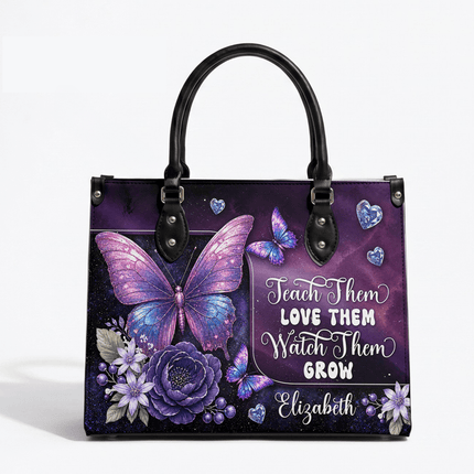 Personalized Teacher Leather Handbag Purple Galaxy Butterfly