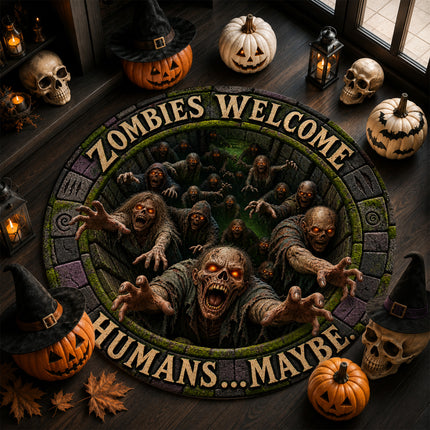 Halloween Round Rug Zombies Welcome Humans Maybe Doormat