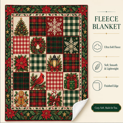 Christmas Patchwork Fleece Blanket Vintage Plaid Cardinal Poinsettia