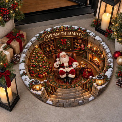 Personalized Santa Christmas Round Doormat Cozy Fireplace Family Name Rug