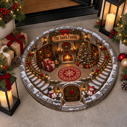 Personalized Christmas Round Doormat Cozy Fireplace Snowman Family Name Rug