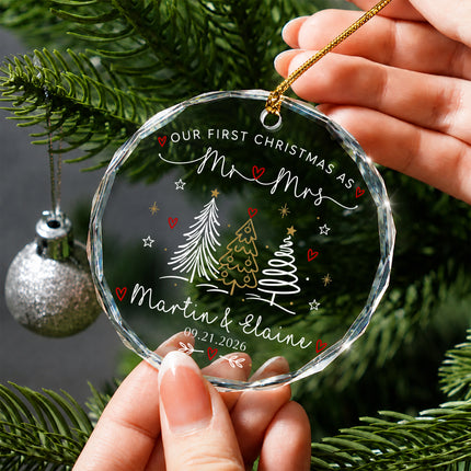 Personalized First Christmas Together Line Art Christmas Trees Couple Glass Ornament