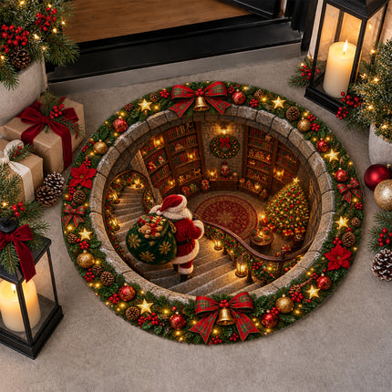 Christmas Round Doormat with Santa Library Scene
