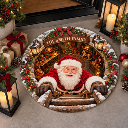Personalized Santa Workshop Christmas Round Doormat Cozy Family Welcome Rug