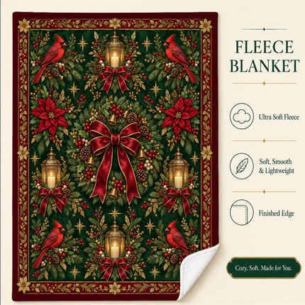 Christmas Fleece Blanket with Cardinal Lantern Wreath