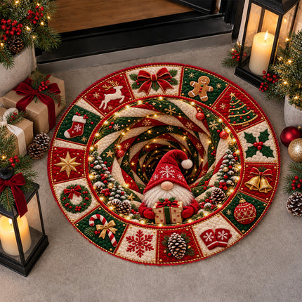 Christmas Round Doormat with Holiday Gnome Patchwork
