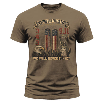 9/11 Never Forget Honoring Fallen Heroes 343 Patriot Day Memorial T-Shirt