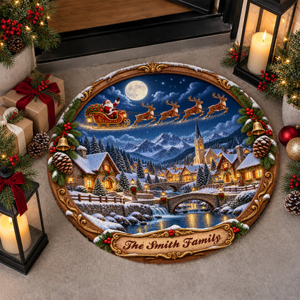 Personalized Christmas Village Round Doormat Santa Sleigh Moonlit Family Name Rug
