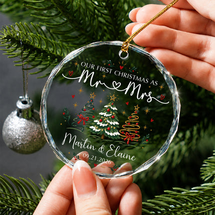 Personalized First Christmas Couple Glass Ornament with Christmas Trees and Hearts