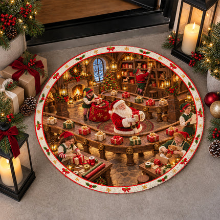 Christmas Gift Wrapping Round Rug Santa Workshop Doormat