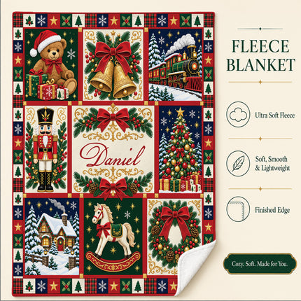 Personalized Christmas Fleece Blanket Nutcracker Holiday Patchwork
