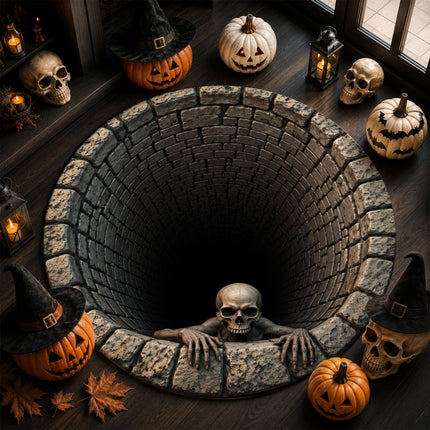 Halloween Round Rug Skull Haunted Well 3D Illusion Doormat