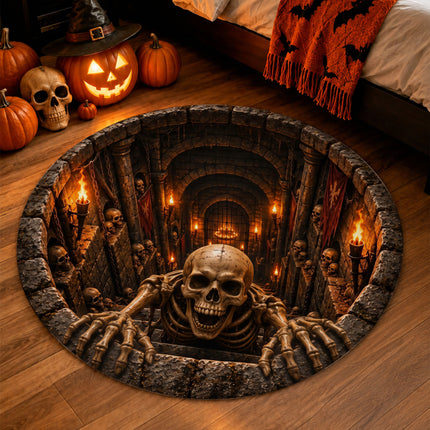 Halloween Skeleton Dungeon Round Rug 3D Skull Horror Doormat