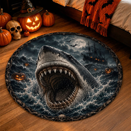 Halloween Shark Round Rug Haunted Ocean Pirate Ship Doormat