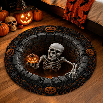 Halloween Round Rug Skeleton Pumpkin 3D Illusion Doormat