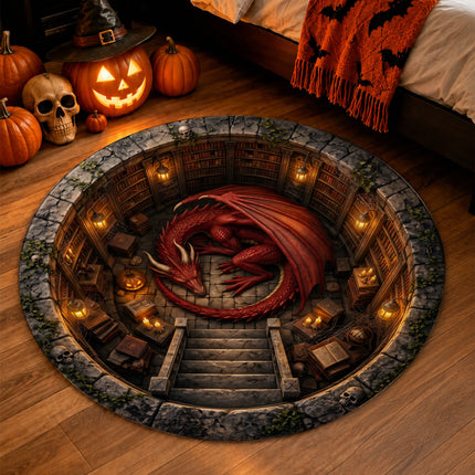 Halloween Round Rug Red Dragon Dungeon 3D Fantasy Doormat