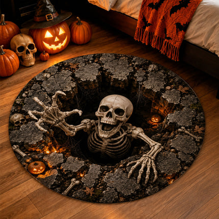 Halloween Skeleton Grave Pit Round Rug 3D Creepy Skull Doormat