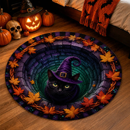 Halloween Round Rug Black Cat Witch 3D Illusion Doormat
