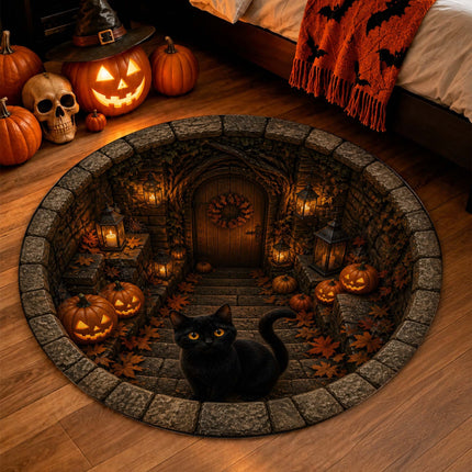 Halloween Round Rug Black Cat Pumpkin 3D Haunted Stairway Doormat