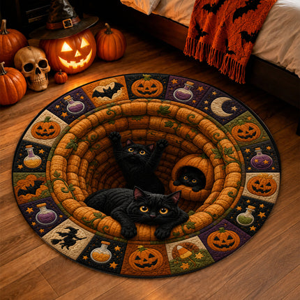 Halloween Round Rug Black Cat Pumpkin 3D Illusion Doormat