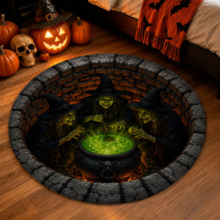 Halloween Round Rug Witches Cauldron 3D Illusion Doormat