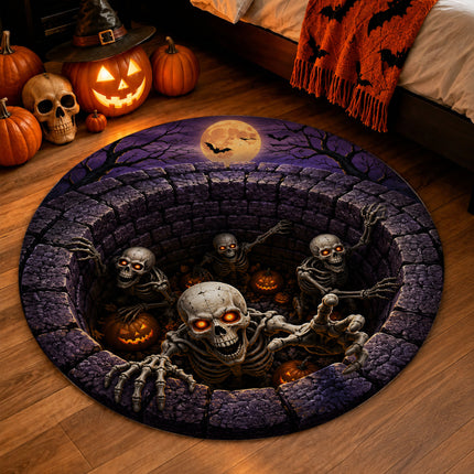 Halloween Round Rug Skeleton Grave 3D Illusion Doormat
