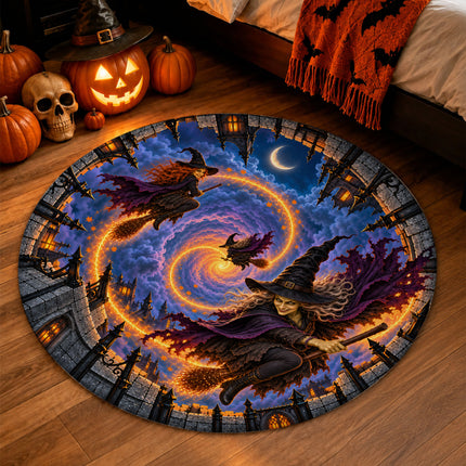 Halloween Flying Witch Portal Round Rug Haunted Castle Doormat